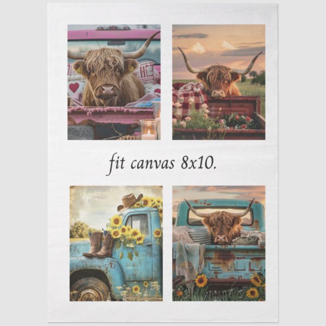 Papier Mousseline Decoupage Highland Cow Truck 8 x 10 Canvas (Recto)