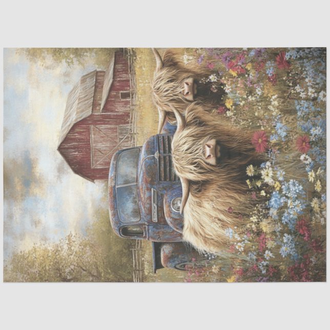 Papier Mousseline Découpage Highland Cows Blue Truck Red Grange (Recto)