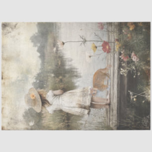 Papier Mousseline Découpage Lil Girl Straw Casquette Dock of Lake & 