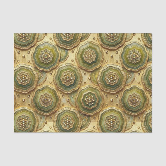 Papier Mousseline Découpage Luxueux | Géode d'agate Olive Vert + Or (Recto)