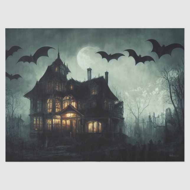 Papier Mousseline Découpage Maison hantée et chauves-souris (Recto)