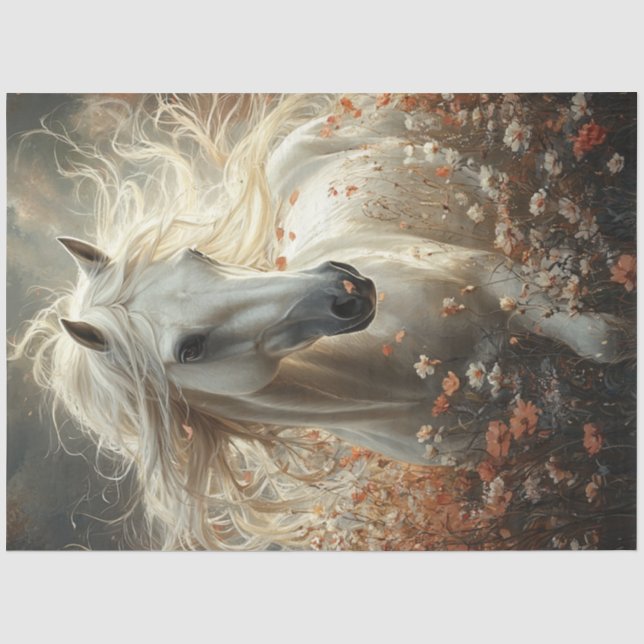 Papier Mousseline Découpage Majestic Cheval Blanc Champ de fleurs (Recto)