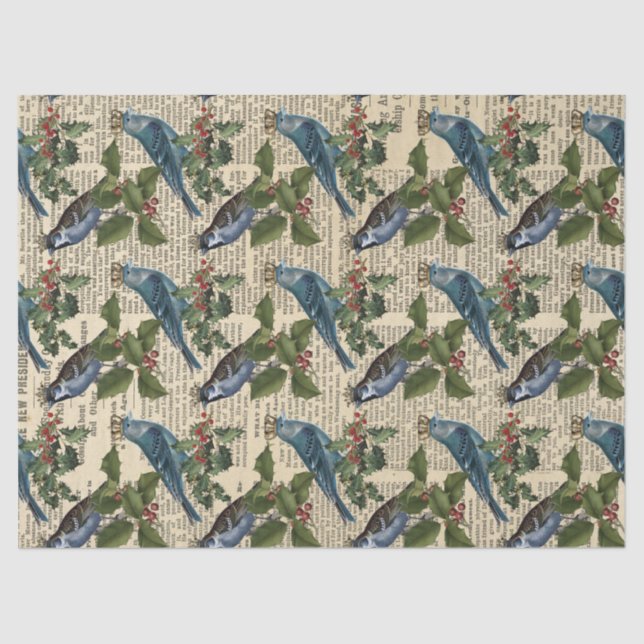Papier Mousseline Découpage Oiseaux bleus et baies de Noël (Recto)