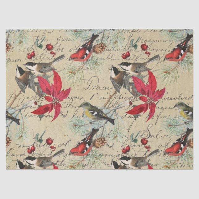 Papier Mousseline Découpage Oiseaux de Noël et Poinsettia (Recto)