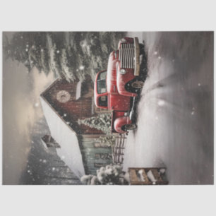 Papier Mousseline Découpage Paysage neigeux Camion rouge Grange