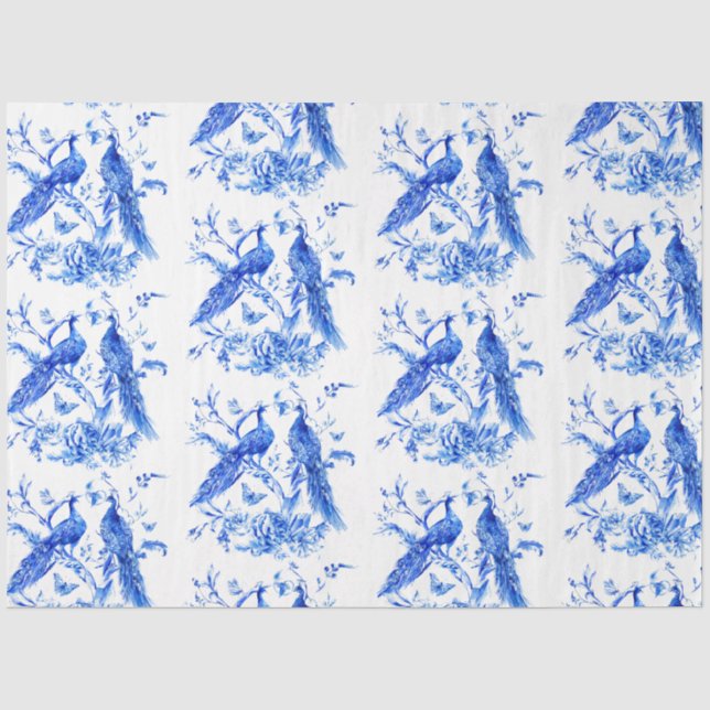 Papier Mousseline Découpage Peacocs bleu porcelaine (Recto)
