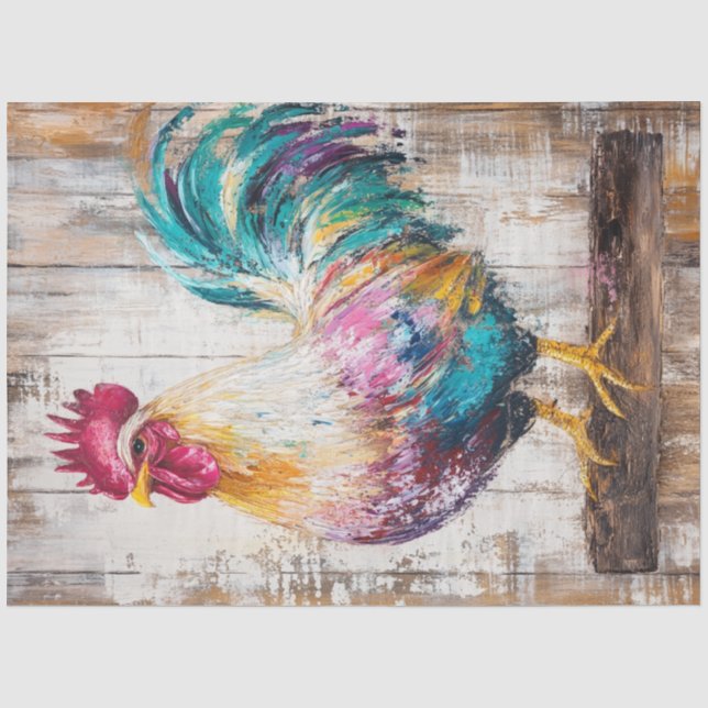 Papier Mousseline Découpage Peinture Oi Whimsical Rooster Rouge Turq (Recto)