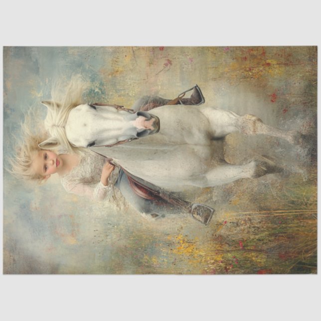 Papier Mousseline Découpage Petite fille Cheval Blanc Fleurs de cham (Recto)