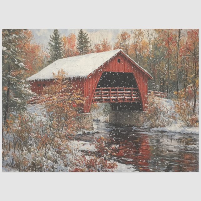 Papier Mousseline Découpage Pont couvert rouge Scène hivernale (Recto)