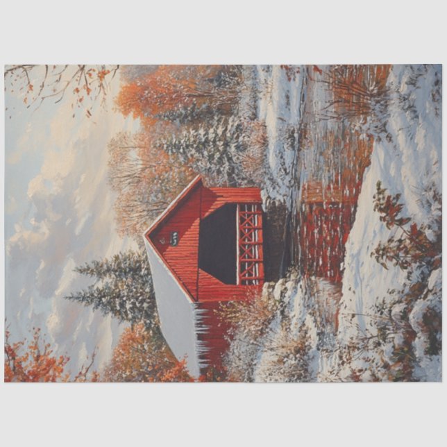 Papier Mousseline Découpage Pont couvert rouge Scène hivernale (Recto)