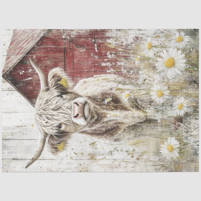 Papier Mousseline Découpage Red Barne Highland Cow Flower Field (Recto)