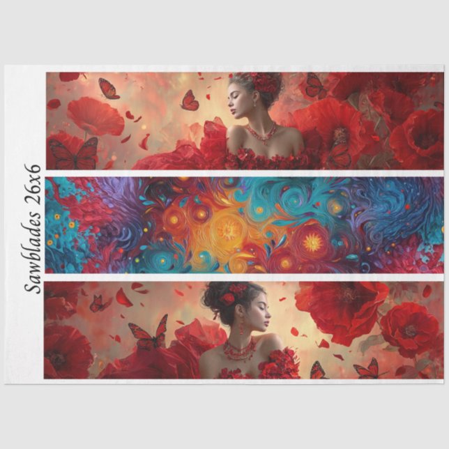 Papier Mousseline Decoupage Red Poppy Butterfly Woman Cosmic Handsaw (Recto)