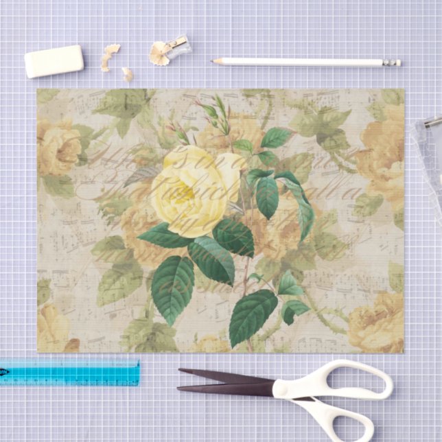Papier Mousseline Découpage Rose antique et papier de tissus jaune (Artisanat)