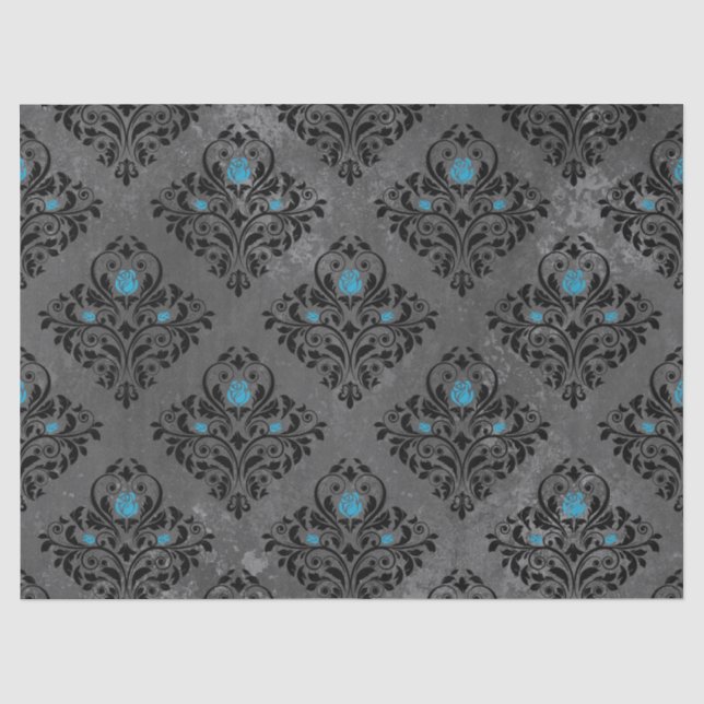 Papier Mousseline Découpage Rose bleu et Damas noir (Recto)
