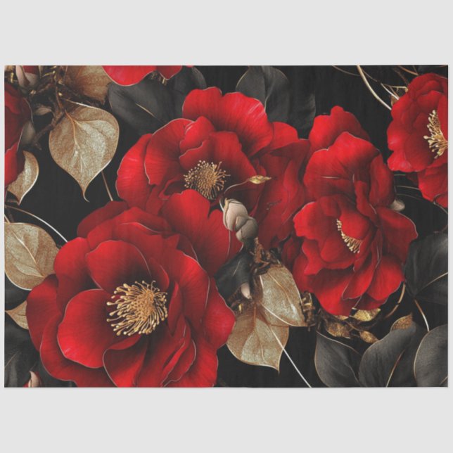Papier Mousseline Découpage Roses rouges vives Roses dorées et Feuil (Recto)