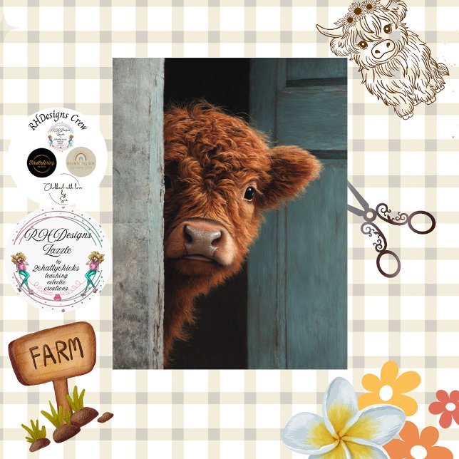 Papier Mousseline Decoupage Rustic Highland Calf Peek a Boo Art  (Créateur téléchargé)