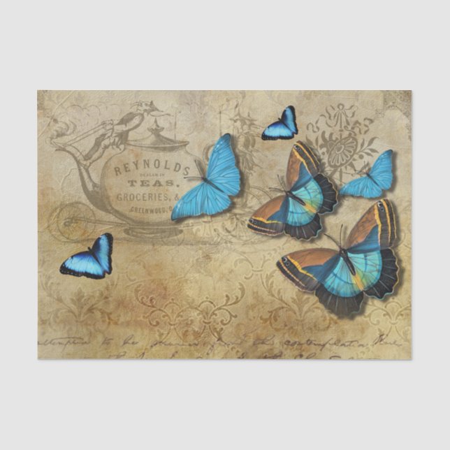 Papier Mousseline Découpage rustique antique N Bleu Papillons Thé (Recto)