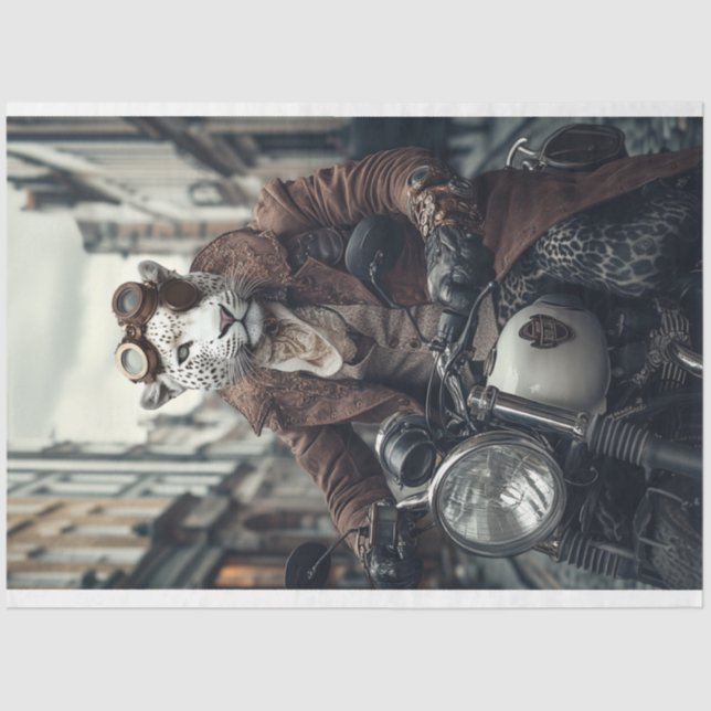 Papier Mousseline Découpage Steampunk Leo Leopard Motorcycle Rider (Recto)