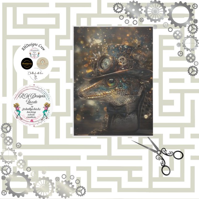 Papier Mousseline Découpage Steampunk Sport Lizard Gold Green (Créateur téléchargé)