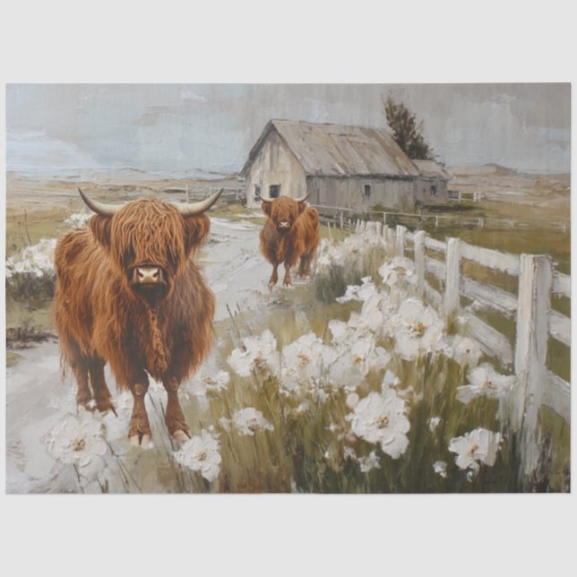 Papier Mousseline Découpage Vaches Highland Marcher sur Country Road (Recto)