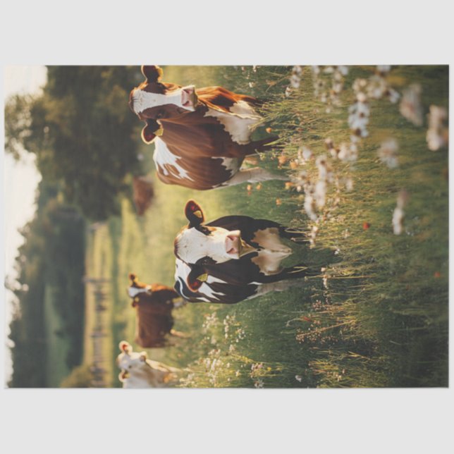 Papier Mousseline Découpage Vaches Holstein Fleurs de champ debout (Recto)