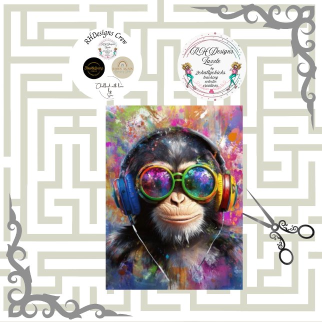 Papier Mousseline Decoupage Vibrant Monkey Abstract Art Headphones  (Créateur téléchargé)
