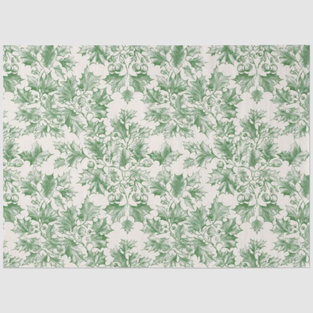 Papier Mousseline Découpage vintage Green Holly (Recto)