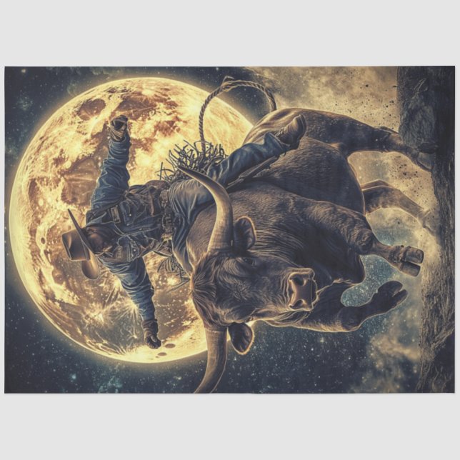 Papier Mousseline Découpage Western Cowboy Riding Bull Grande Lune (Recto)