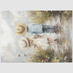 Papier Mousseline Découpage Whimsical Boy Girl Walking Mud Road