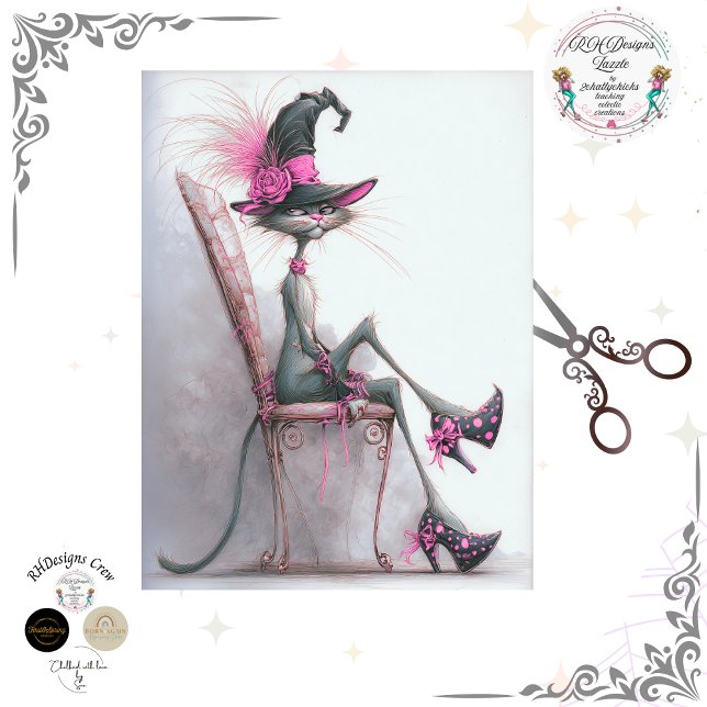 Papier Mousseline Decoupage Whimsical Cat Witch High Heels Catwalk  (Créateur téléchargé)