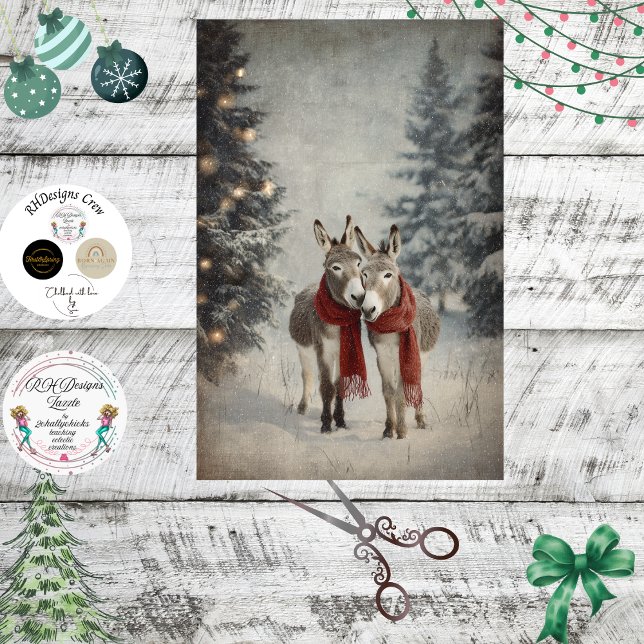 Papier Mousseline Decoupage Whimsical Christmas Donkeys Red Scarves (Créateur téléchargé)