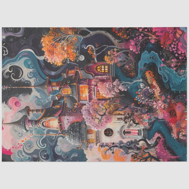 Papier Mousseline Découpage Whimsical Fantastique Maison couleur viv (Recto)