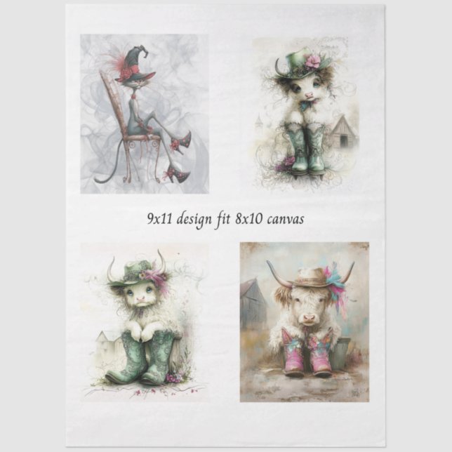 Papier Mousseline Decoupage Whimsical Highland Calves and Cats  (Recto)