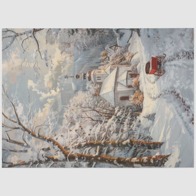 Papier Mousseline Découpage Whimsical Winter Church Red Wagon (Recto)