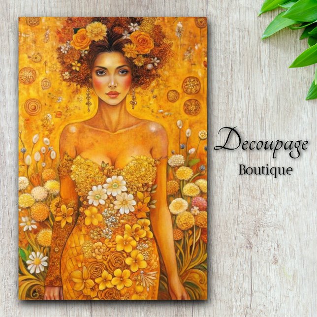 Papier Mousseline Déesse à fleurs dorées Luxueuse Découpage florale (Golden Bloom Goddess Luxurious Decoupage Tissue Paper)