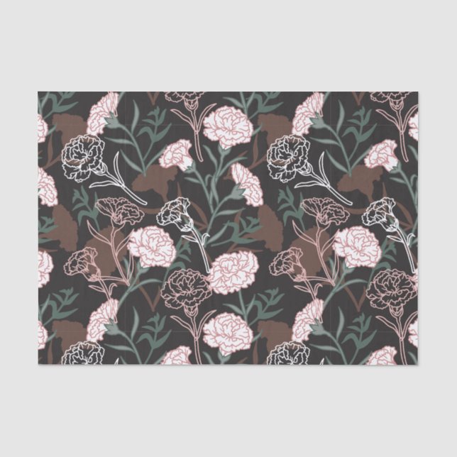 Papier Mousseline Délicates oeillets roses avec fleurs Feuilles vert (Recto)