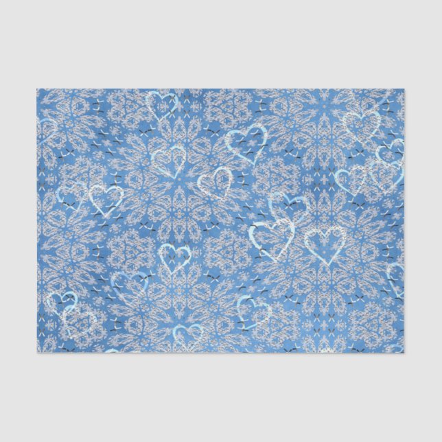 Papier Mousseline Dentelle Blanche Et Coeurs Sur Bleu (Recto)