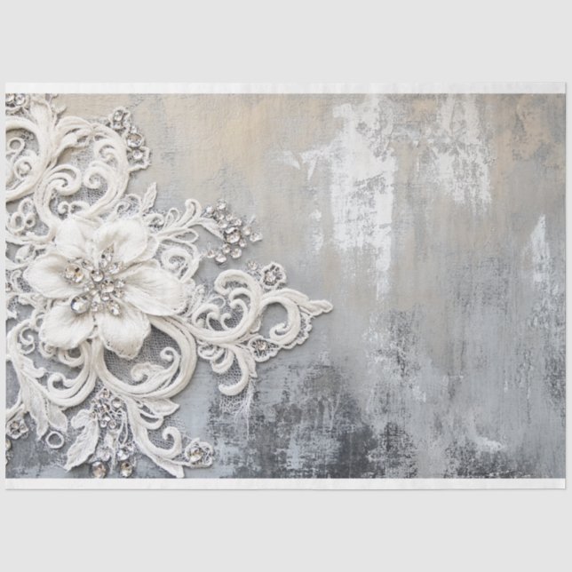 Papier Mousseline Dentelle florale blanche brodée Patina d'argent (Recto)