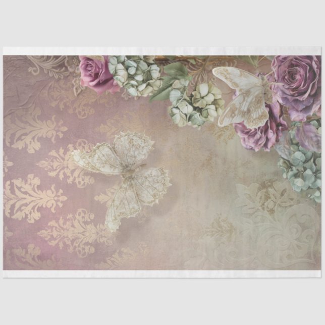 Papier Mousseline Dentelle Reverie, Papillon Mint Mauve & Floral (Recto)