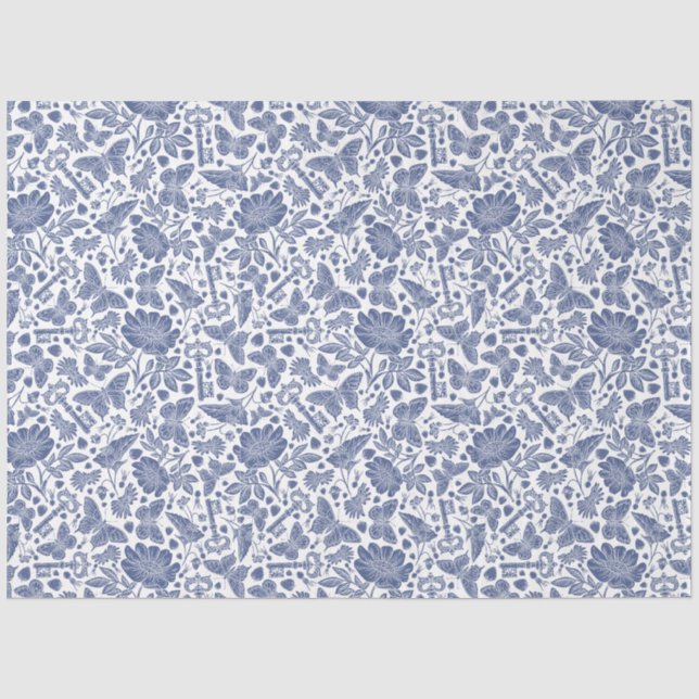 Papier Mousseline Design floral bleu avec oiseaux et papillons (Recto)