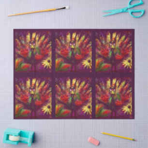 Papier Mousseline Dindon Oiseau Floral Rouge Jaune Découpage Fantais