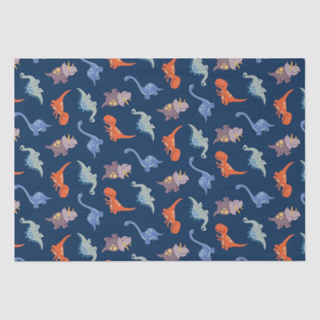 Papier Mousseline Dinosaures amusants sur Navy Blue (Recto)