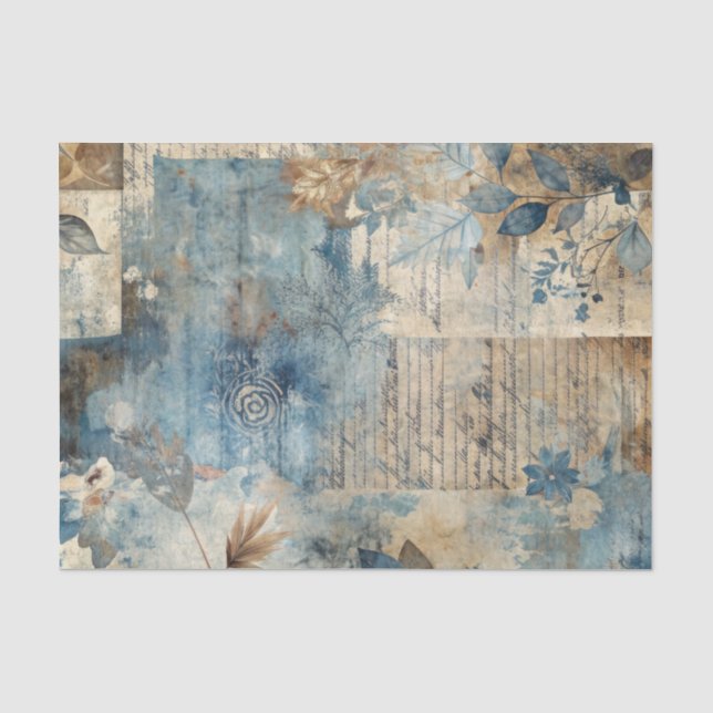 Papier Mousseline Distressed Ephemera Collage in Blue and Beige (Recto)