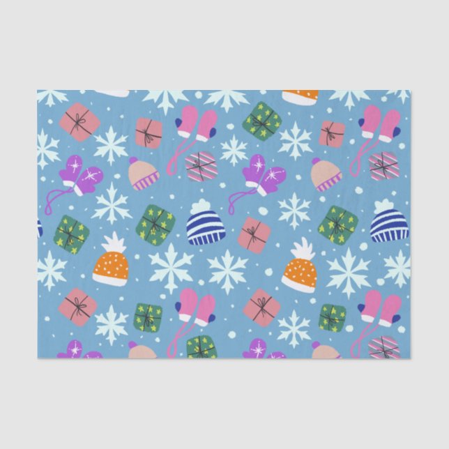 Papier Mousseline Doodle Noël Gants d'hiver Cadeaux Casquette Bleu (Recto)