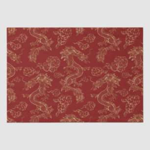 Papier Mousseline Dragon chinois or et rouge foncé