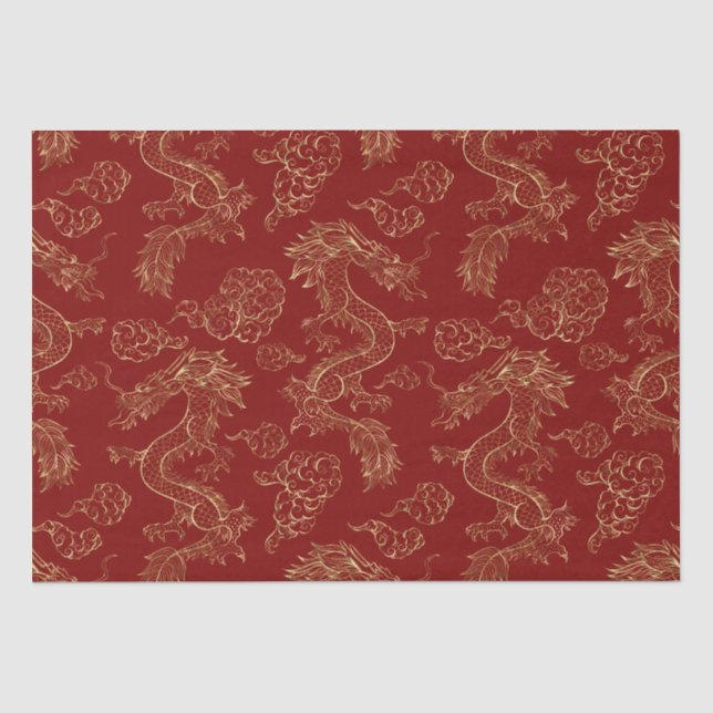Papier Mousseline Dragon chinois or et rouge foncé (Recto)