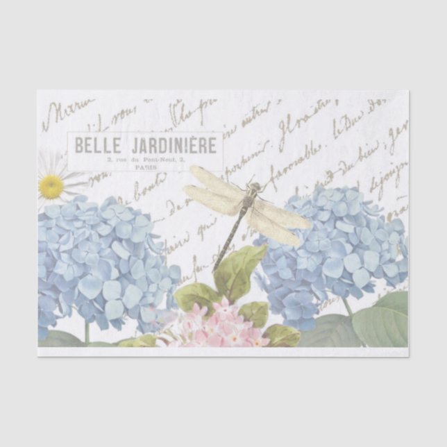 Papier Mousseline Dragon Script Français Bleu Rose Hydrangée Fleur (Recto)