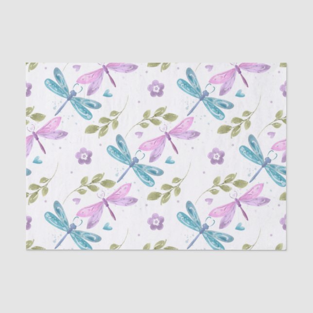 PAPIER MOUSSELINE DRAGONFLIERS DE COULEUR D'EAU ROSE BLEU (Recto)