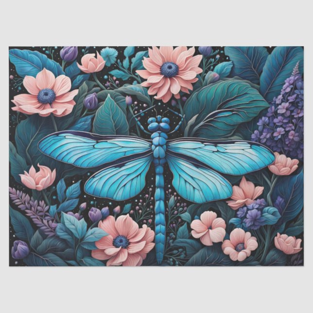 Papier Mousseline Dragonfly dans un jardin fleuri la nuit (Recto)