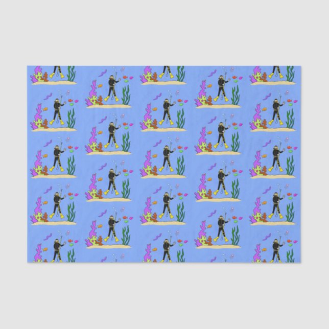 Papier Mousseline Drôle plongeur et poisson mer créatures dessin ani (Recto)